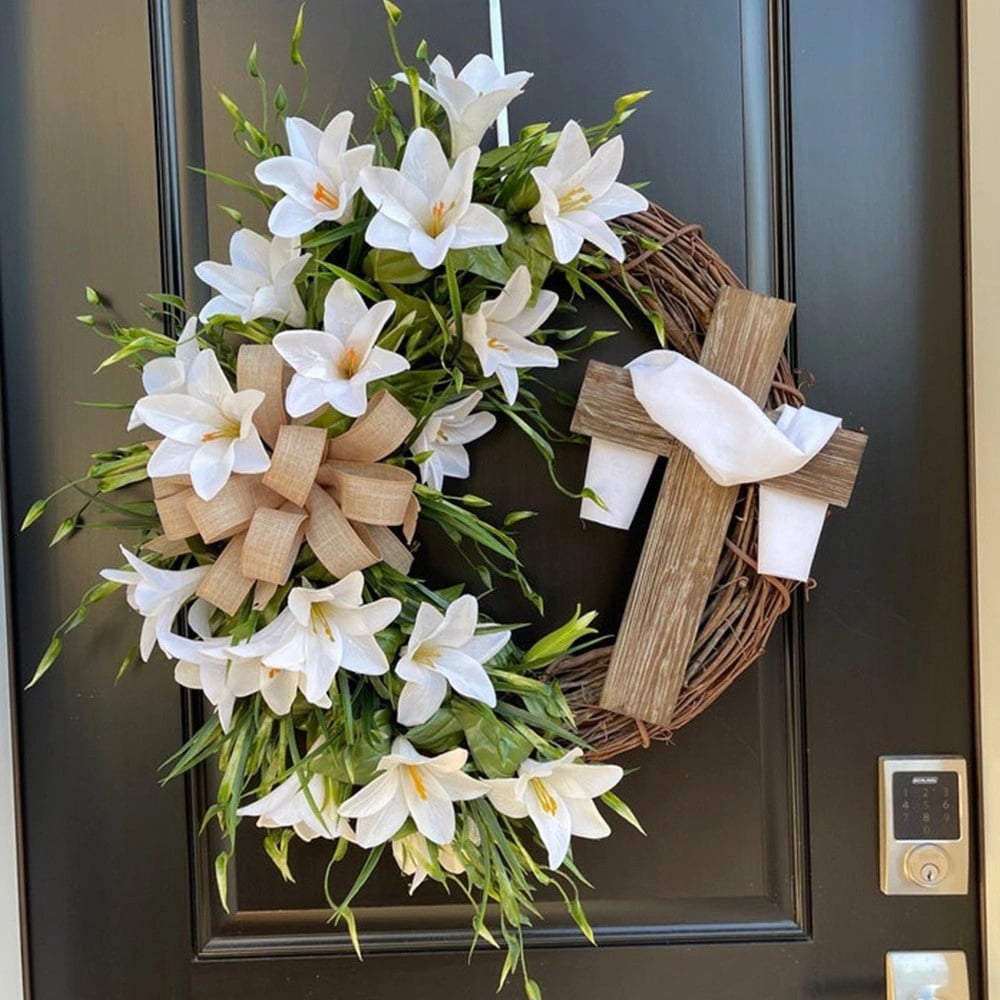 🏆#1 Bestselling - ✝️ Easter “Holy Embrace” White Lilies Crucifix Wreath