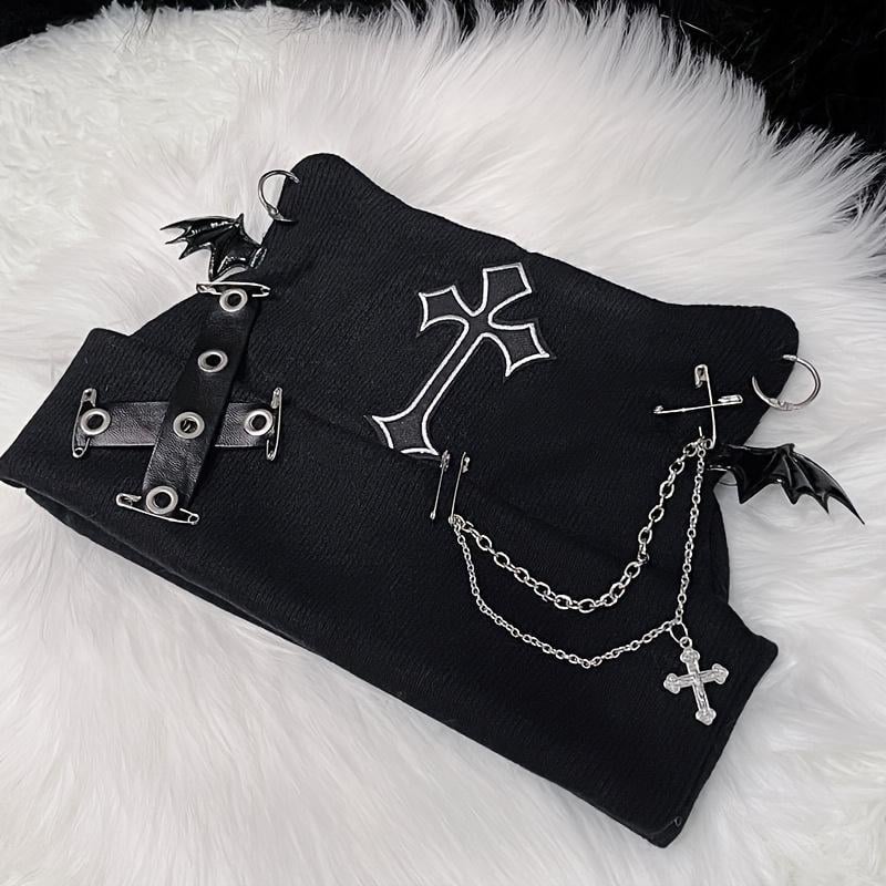 Gothic Cat Ear Beanie with Punk Chain & Bat Charm