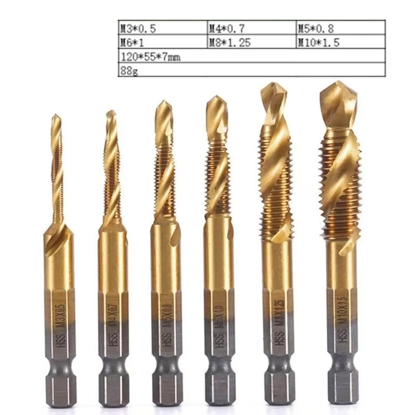 3-in-1 Hex Shank Drill Tap Bit Set – 6-Piece Cobalt HSS (M3–M10)