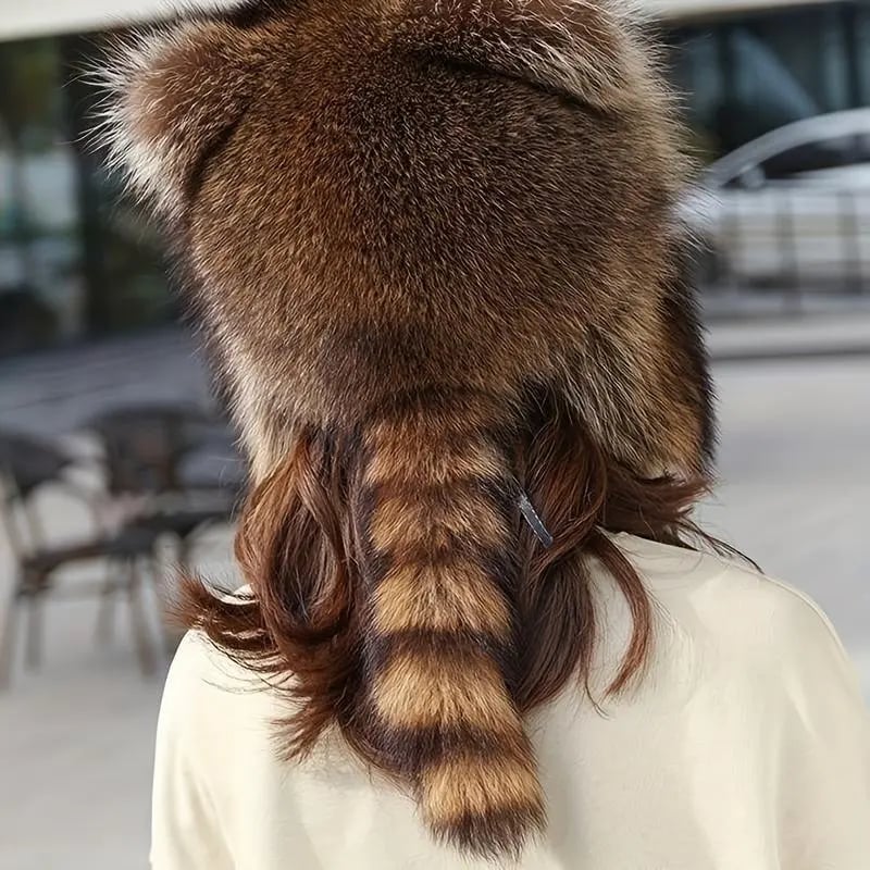 2025 Raccoon Tail Mood Hat – Retro Y2K Detachable Fluffy Earmuffs, Hypoallergenic Winter Accessory, Machine-Washable, Cozy Cottagecore Style for Outdoor and Casual Wear
