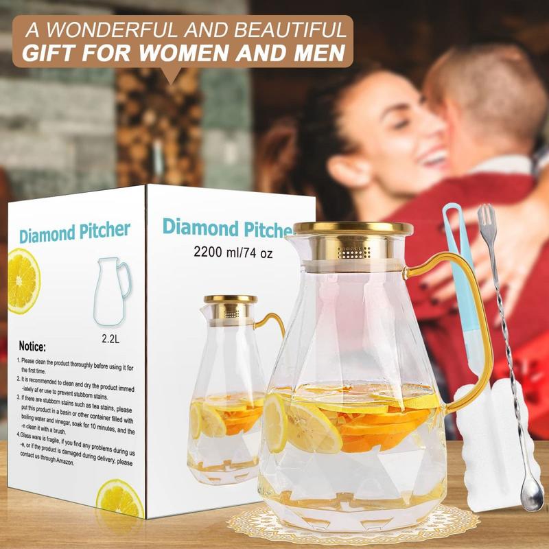 Diamond Glass Pitcher – 74oz / 2.2L Borosilicate Glass Beverage Server with Stainless Steel Lid