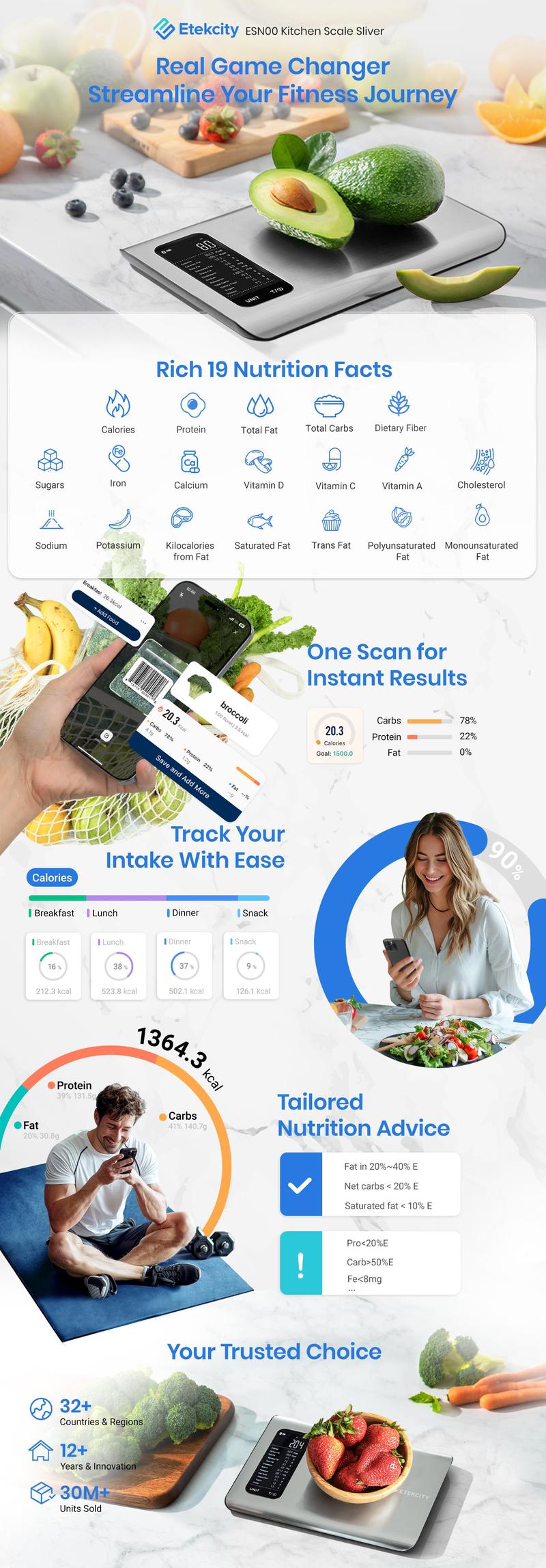 ✨AI Smart Food Scale | 19 Nutrient Facts Auto Scan | Digital Calorie Counter for Meal Prep & Fitness | Compact Stainless Design