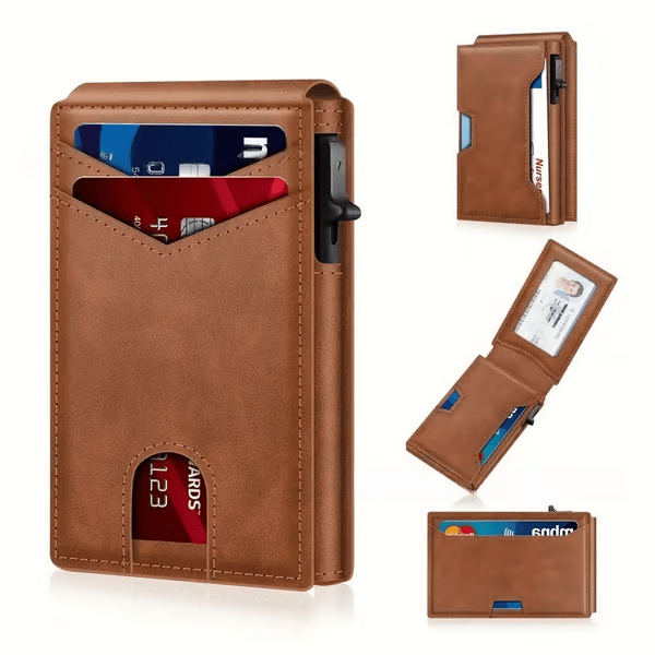 💥🎁 Slim Wallet for Men with Pop-Up Aluminum Case, RFID Blocking Minimalist Leather Bifold Card Holder