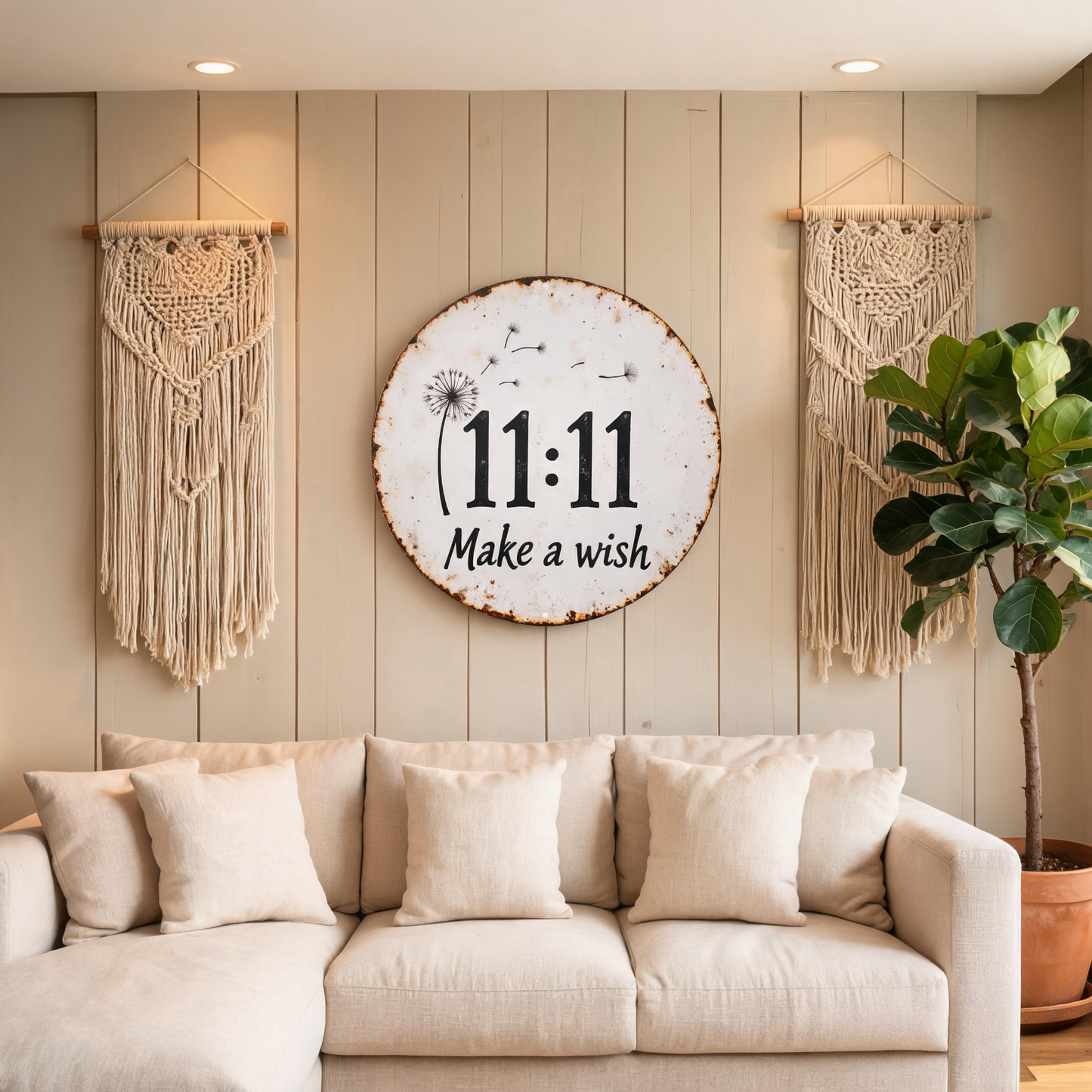 Circular rustic metal sign with dandelion 11:11 make a wish design