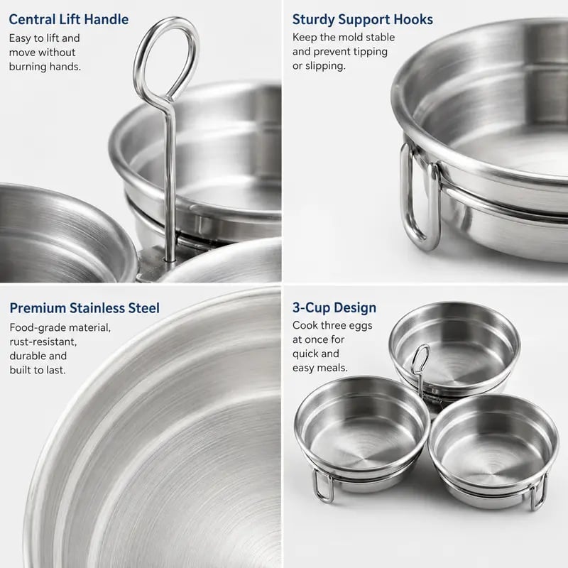 3-Cup Stainless Steel Egg Poacher, 3 Cavity Egg Steamer Mold with Handle, Reusable Egg Poaching Cups for Poached Eggs, Steamed Eggs, Breakfast & Dessert Making