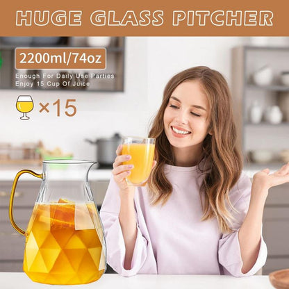Diamond Glass Pitcher – 74oz / 2.2L Borosilicate Glass Beverage Server with Stainless Steel Lid