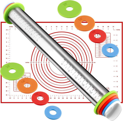 🔥Adjustable Stainless Steel Rolling Pin with Thickness Rings