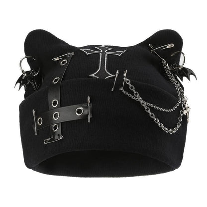 Gothic Cat Ear Beanie with Punk Chain & Bat Charm