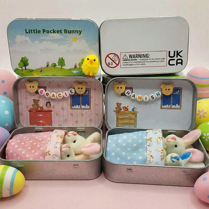 Bunny Easter Plush mummy and baby bunnies in Pocket Tin: role play sibling Gift, Easter gift