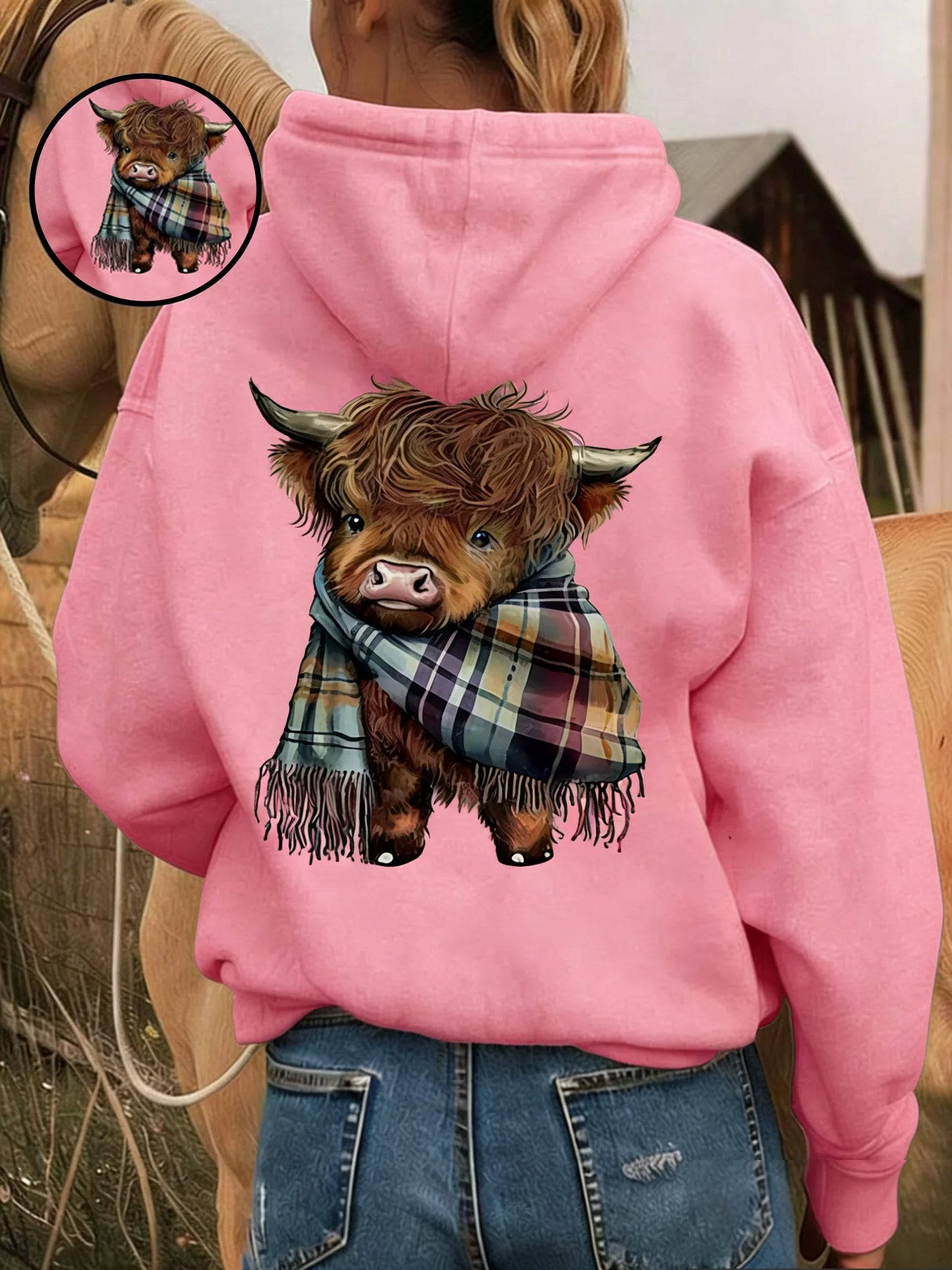 🎁Cute Highland Cow Cozy Fleece-Lined Hooded Sweatshirt🦬✨Perfect Gift for Her!