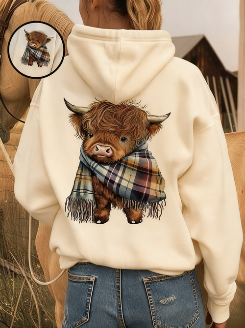 🎁Cute Highland Cow Cozy Fleece-Lined Hooded Sweatshirt🦬✨Perfect Gift for Her!