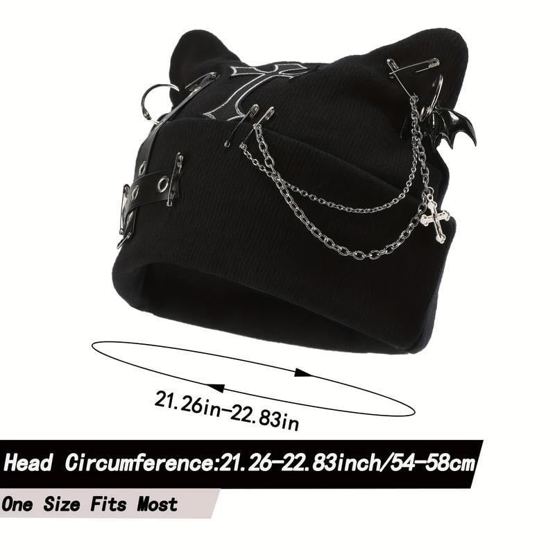 Gothic Cat Ear Beanie with Punk Chain & Bat Charm