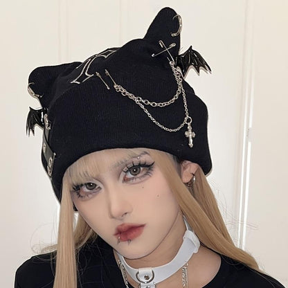 Gothic Cat Ear Beanie with Punk Chain & Bat Charm