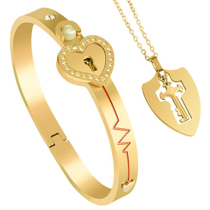 Lock Projection Diamond Bracelet and Key Necklace Set