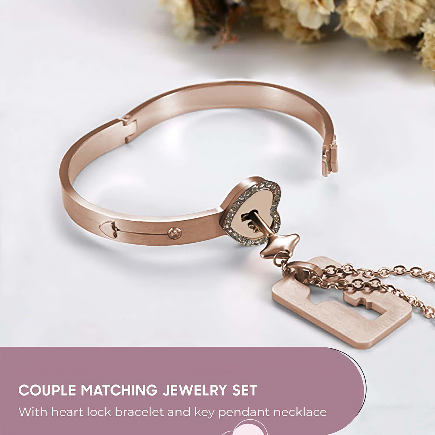 Lock Projection Diamond Bracelet and Key Necklace Set