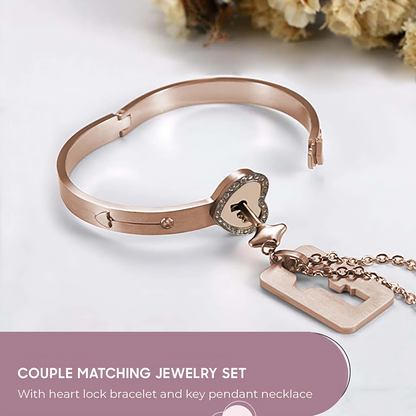 Lock Projection Diamond Bracelet and Key Necklace Set