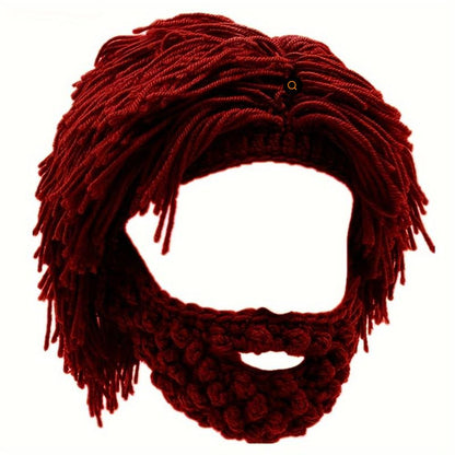 Punk Style Beanie with Attached Straight Hair Wig and Knitted Beard