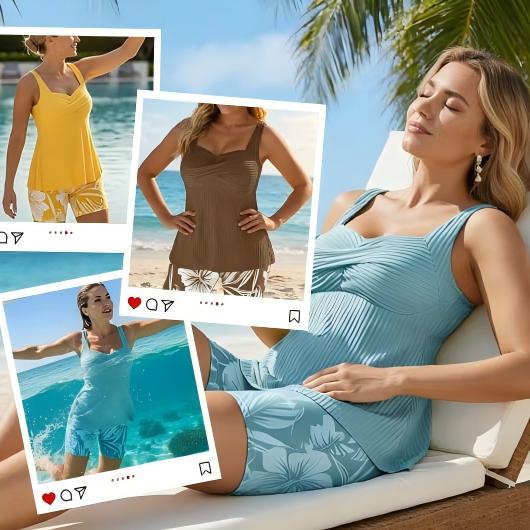 🔥🔥🔥Two-piece Body Covering Surplice Tankini Printed Boxer Swimsuit