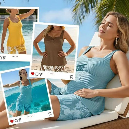 🔥🔥🔥Two-piece Body Covering Surplice Tankini Printed Boxer Swimsuit