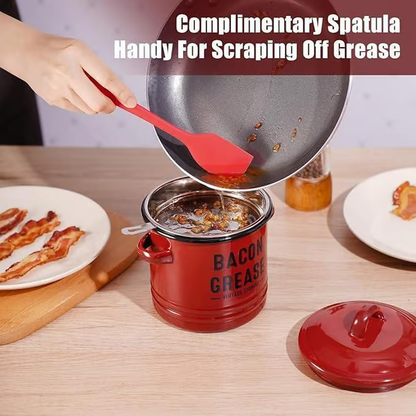 🎉New Year Sale—42 oz bacon grease container with strainer and food-grade silicone spatula