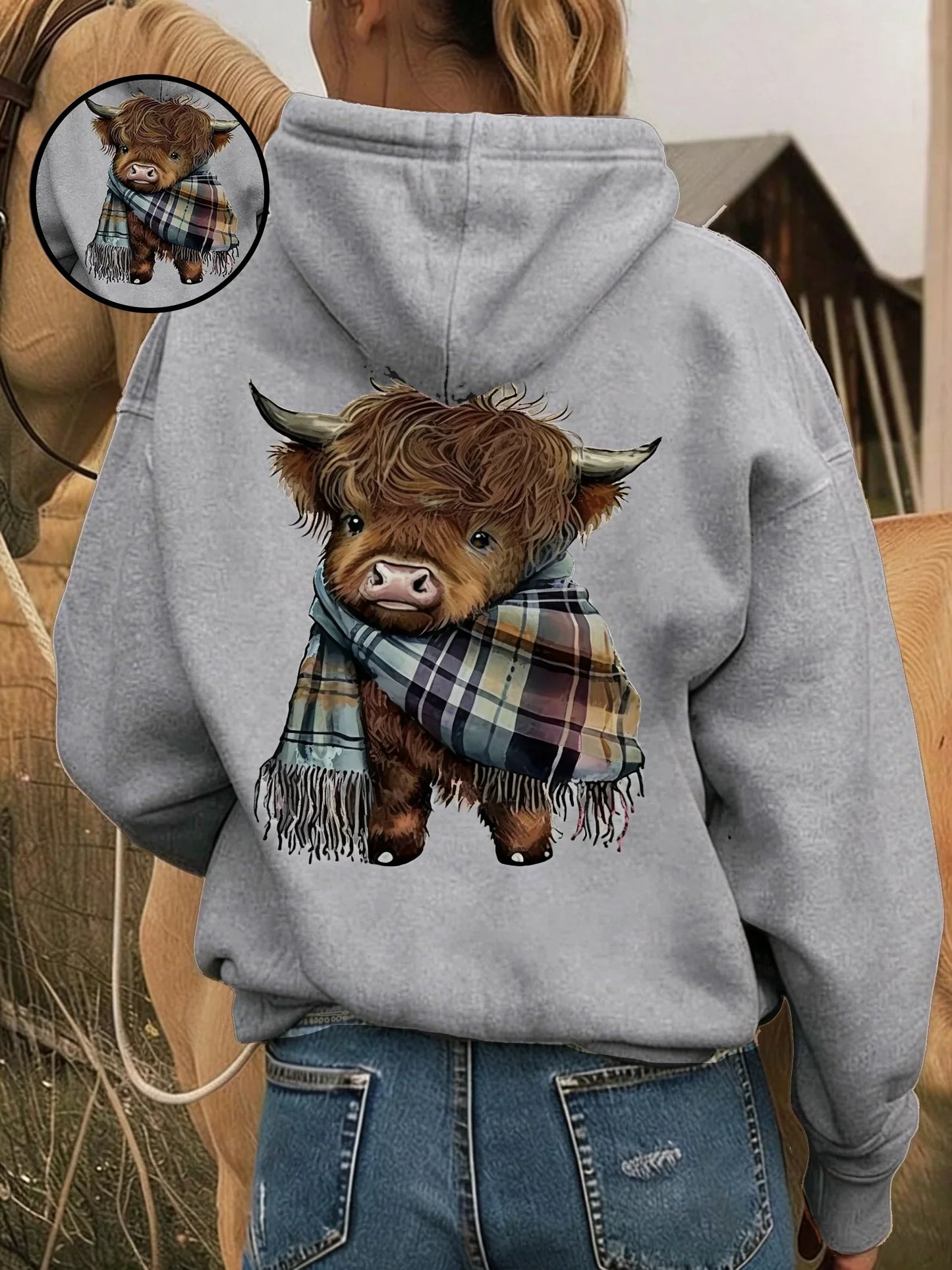 🎁Cute Highland Cow Cozy Fleece-Lined Hooded Sweatshirt🦬✨Perfect Gift for Her!