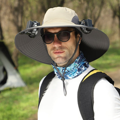 Wide Brim Solar Fan Outdoor Fishing Hat-Solar & USB Charging