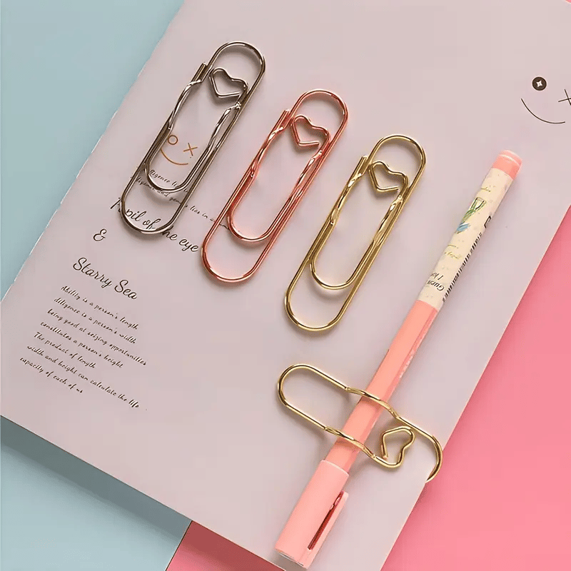 6Pcs- 3 Colors Heart Pen Clip Metal Pencil Clips Multifunctional Rose Gold Silver Carbon Steel Paperclip
