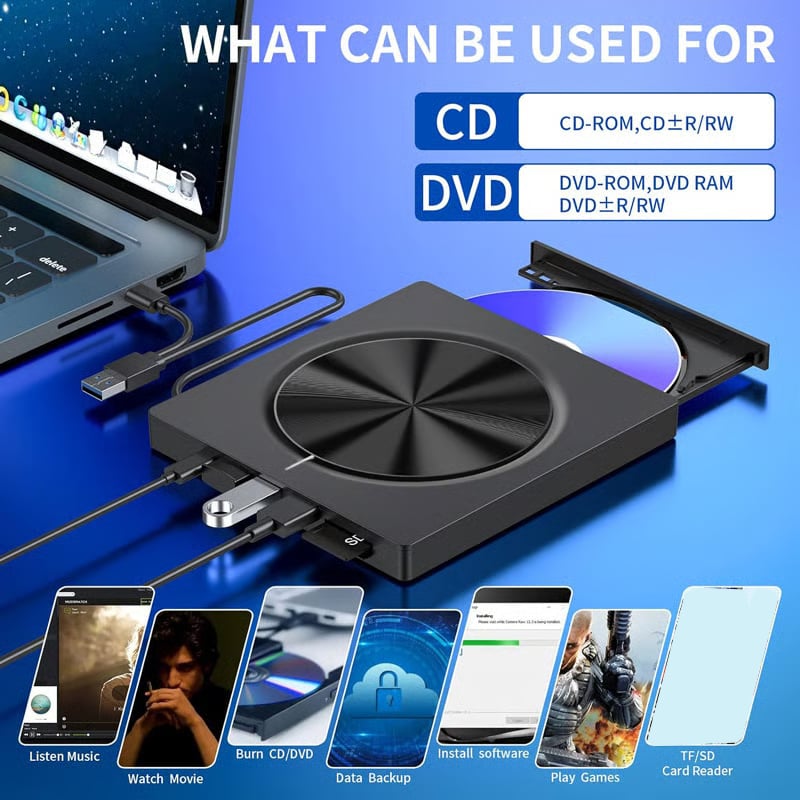 USB 3.0/SD/TF/DVD/CD/VCD/Type-C Player Portable Burner Support Blu-Rays