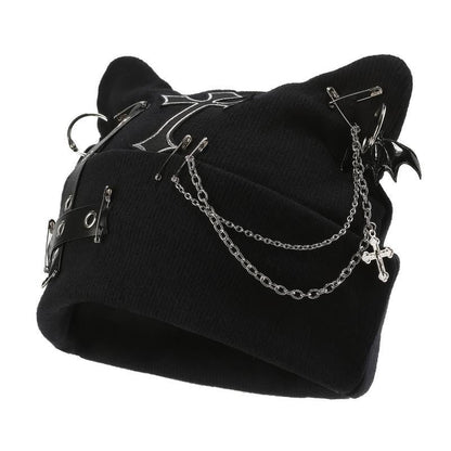 Gothic Cat Ear Beanie with Punk Chain & Bat Charm