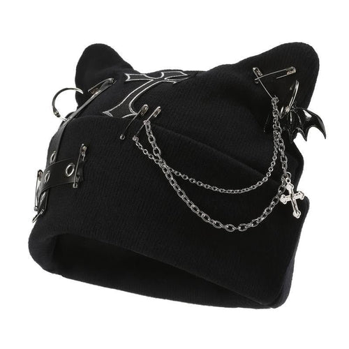Gothic Cat Ear Beanie with Punk Chain & Bat Charm
