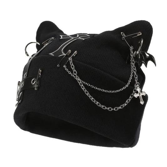 Gothic Cat Ear Beanie with Punk Chain & Bat Charm