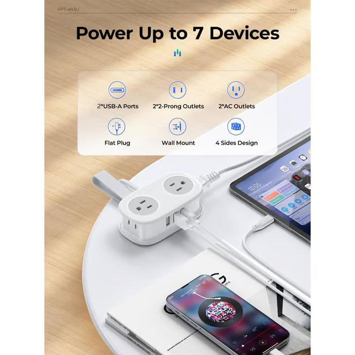 Travel Power Strip,4 Outlets 2 USB Ports (1 USB C) with 4FT Wrapped Short Extension Cord Small Power Strip