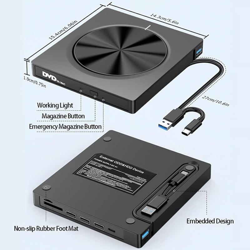 USB 3.0/SD/TF/DVD/CD/VCD/Type-C Player Portable Burner Support Blu-Rays