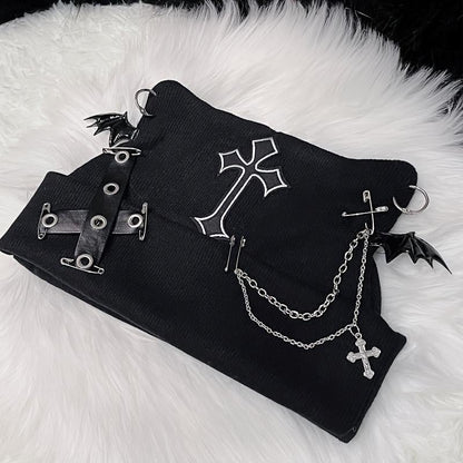 Gothic Cat Ear Beanie with Punk Chain & Bat Charm