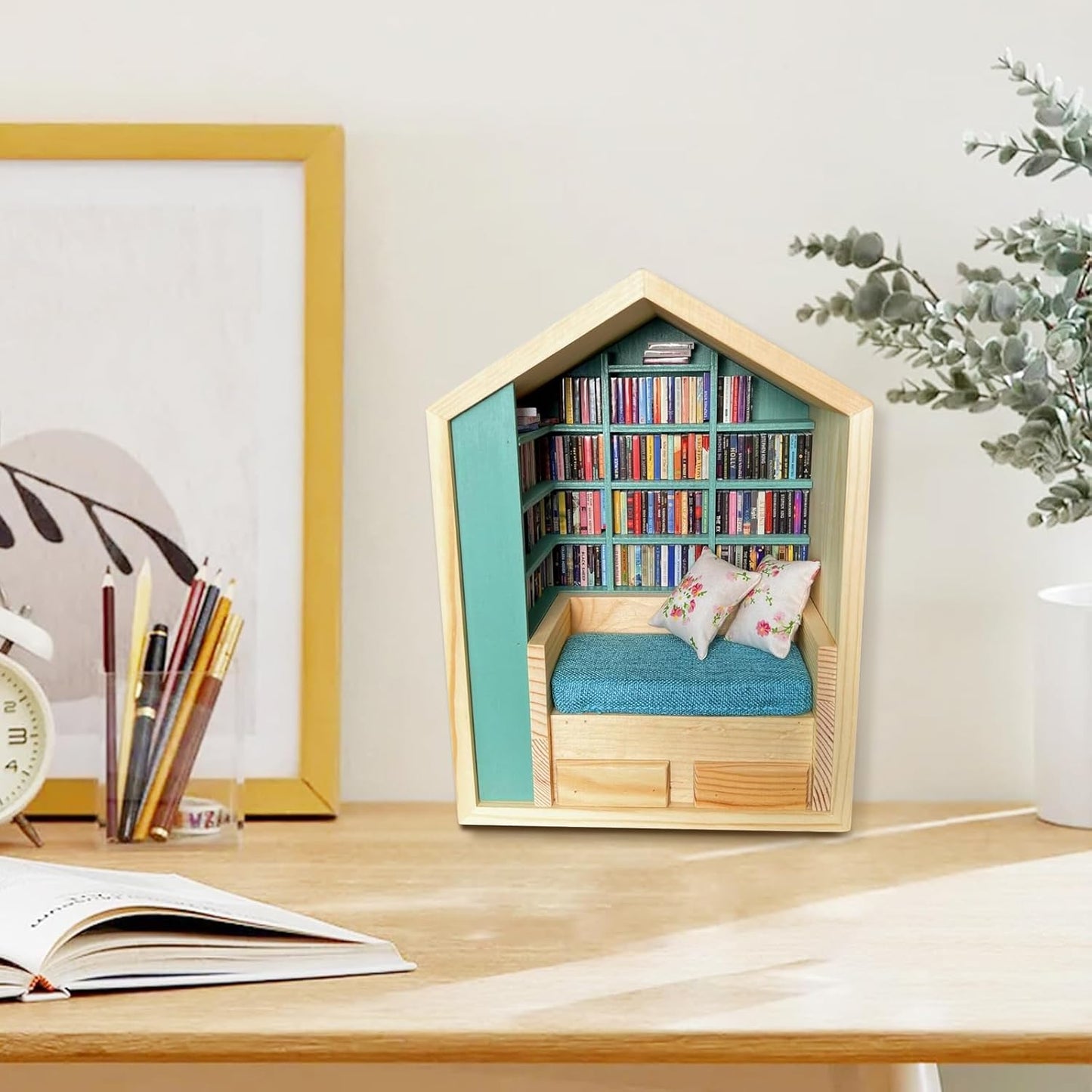 Miniature Anxiety Bookcase – An antique-style bookstore with tiny books