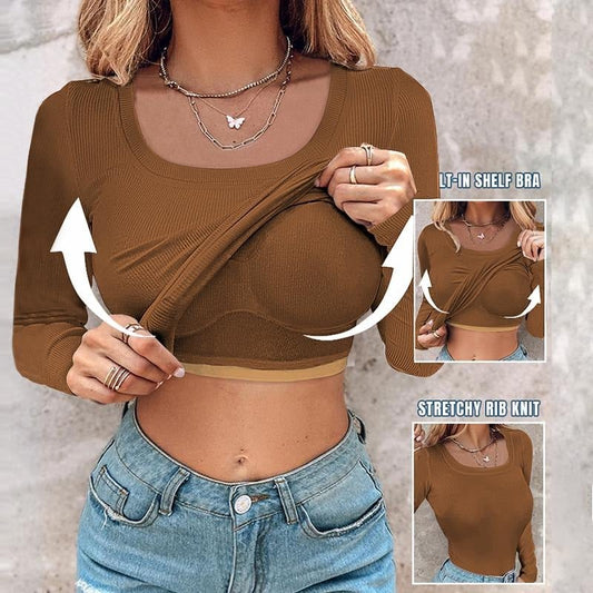??Womens U-Neck Built-in Bra Long Sleeve Ribbed Top Shirts Elegant Skinny Fit Fabric
