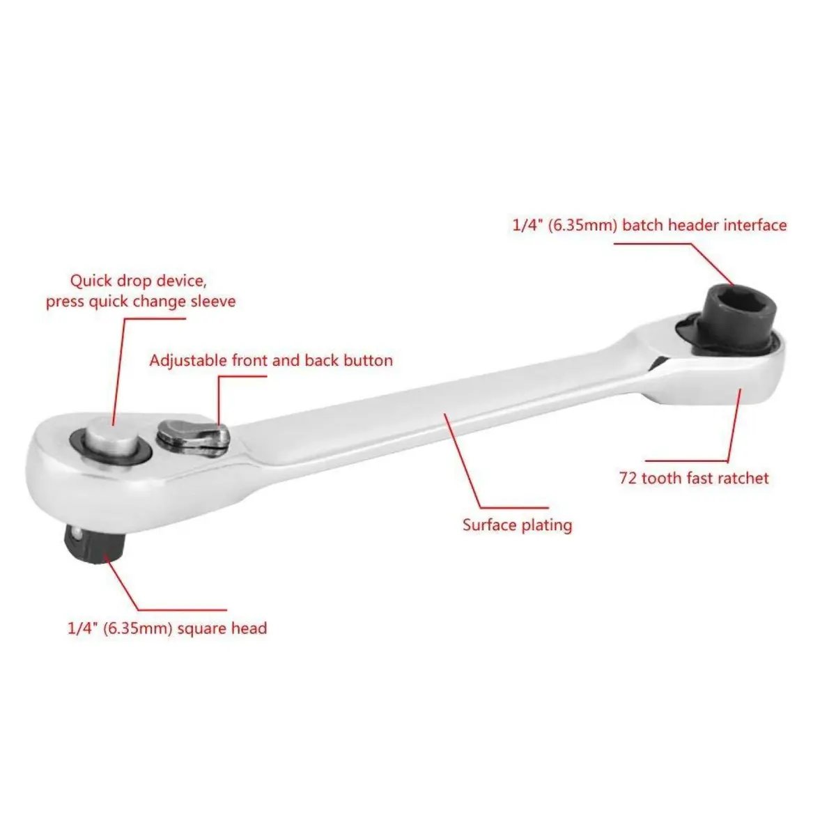 1/4 Inch Mini Double Headed Ratchet Wrench Silver 72-Tooth 5° Quick Release Drive Socket Tool