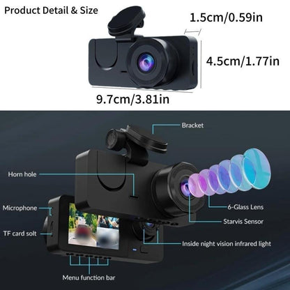 HD 1080P Dashcam with Three Lenses, Loop Recording and 3.5-inch IPS Screen