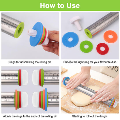 🔥Adjustable Stainless Steel Rolling Pin with Thickness Rings
