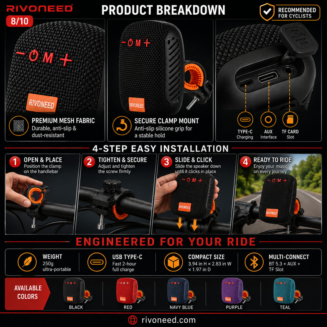Waterproof Bicycle Bluetooth Speaker with Mounting Bracket