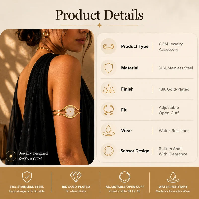 ✨CGM Sensor Arm Cuff – 18K Gold-Plated Adjustable Jewelry Holder for Compatible CGM Sensors