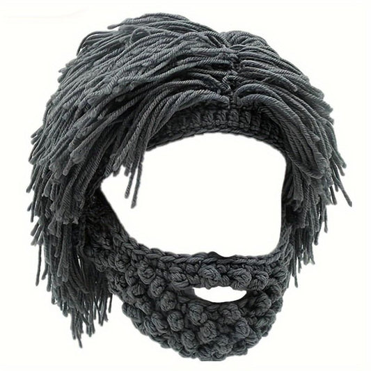 Punk Style Beanie with Attached Straight Hair Wig and Knitted Beard