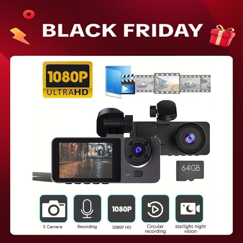 HD 1080P Dashcam with Three Lenses, Loop Recording and 3.5-inch IPS Screen