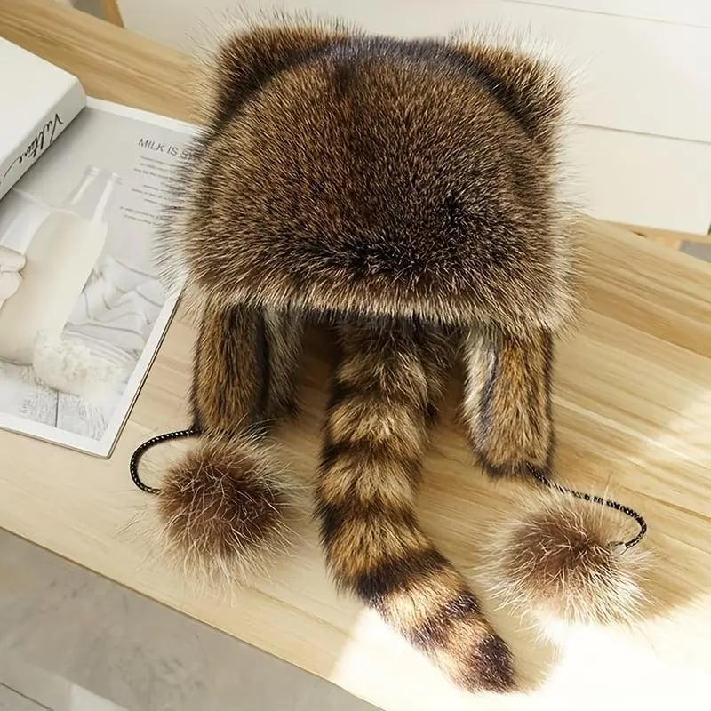2025 Raccoon Tail Mood Hat – Retro Y2K Detachable Fluffy Earmuffs, Hypoallergenic Winter Accessory, Machine-Washable, Cozy Cottagecore Style for Outdoor and Casual Wear