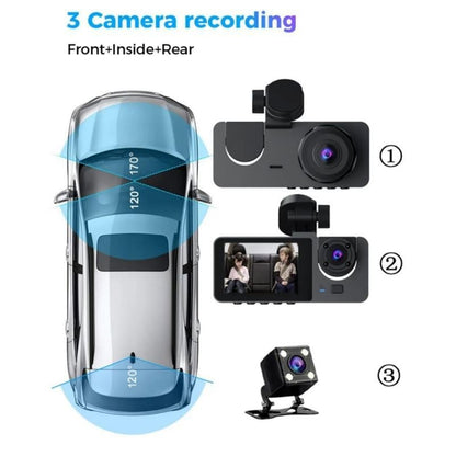 HD 1080P Dashcam with Three Lenses, Loop Recording and 3.5-inch IPS Screen