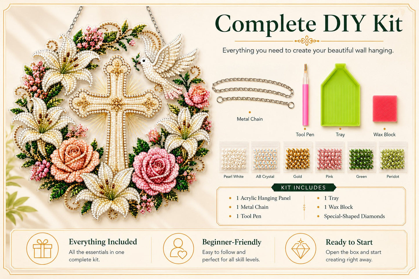 ✝️💐Cross, Flowers & Peace Dove Diamond Art Hanging Ornament Kit