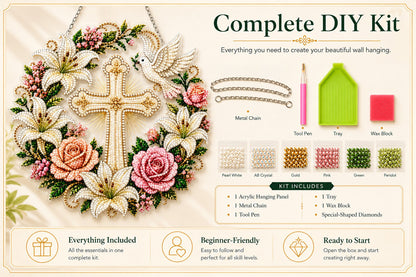 ✝️💐Cross, Flowers & Peace Dove Diamond Art Hanging Ornament Kit