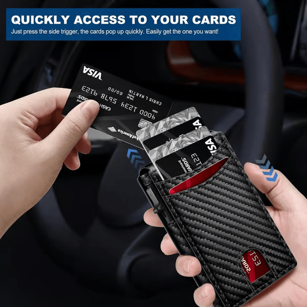 💼🔒Premium Aluminum RFID Blocking Minimalist Wallet for Men - Pop-Up Card Access, Money Clip & ID Window