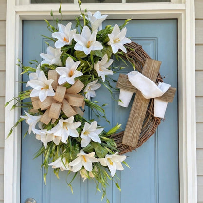 🏆#1 Bestselling - ✝️ Easter “Holy Embrace” White Lilies Crucifix Wreath