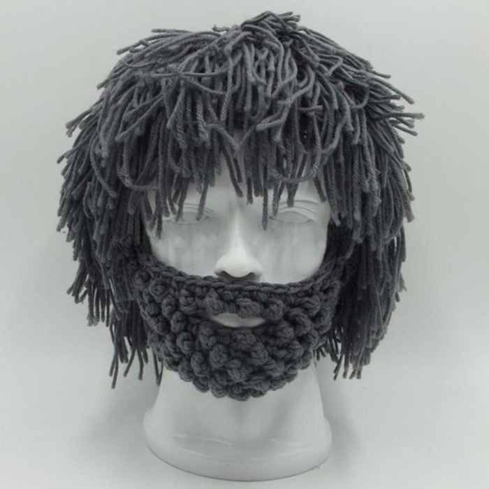 Punk Style Beanie with Attached Straight Hair Wig and Knitted Beard